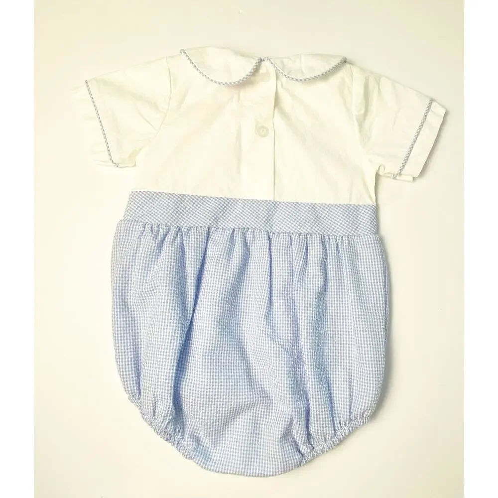 Sticky Fish Easter Egg White Blue Gingham 100% Cotton Romper Infant Size 12M